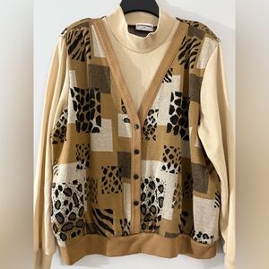 Alfred Dunner Animal Print Patchwork Cardigan - Tan and Black